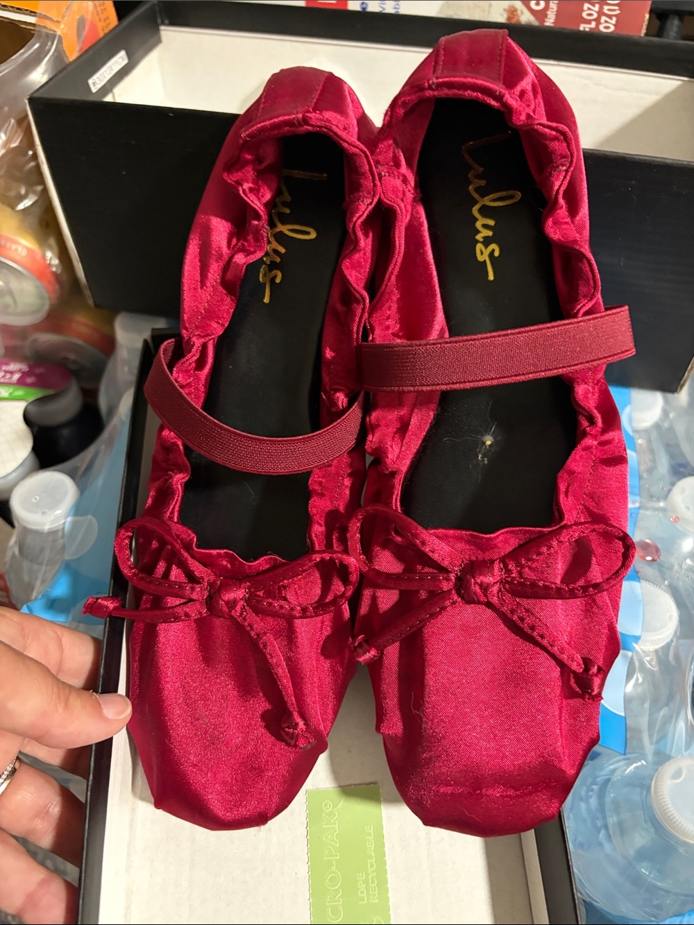 Lulus Ladies Satin Ballet Flats with Bow - Red - Picture 2 of 3